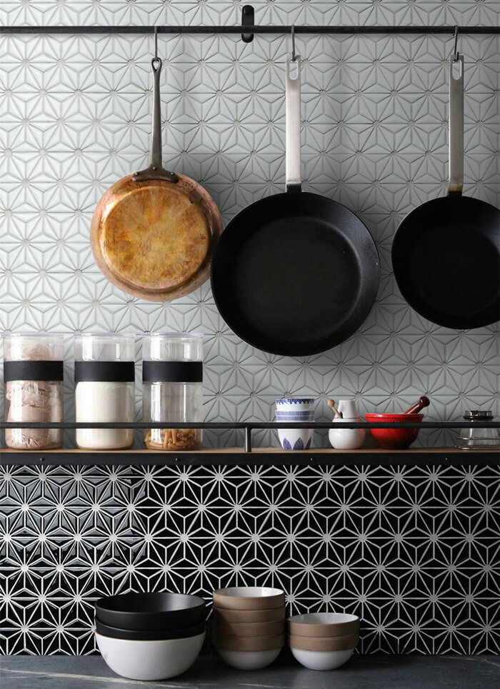 neat kitchen backsplash design with black white triangle mosaic tiles.jpg