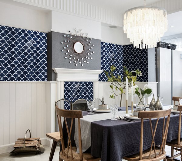 dinning room using dark blue fam shape mosaic tile for feature wall design.jpg