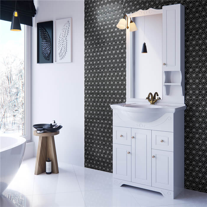 bathroom decorated with black flower mosaic tile backsplash.jpg