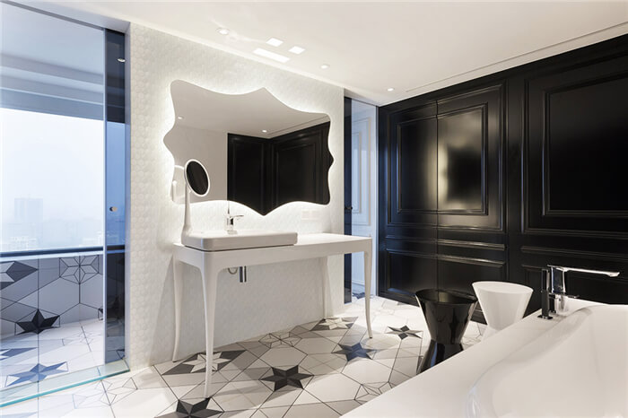 black-and-white themed bathroom with a white hexagon tile mirror backsplash.jpg