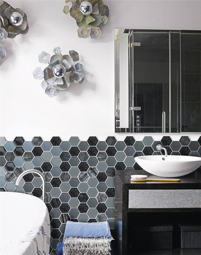 glass stone ceramic mixed bathroom backsplash wall black grey hexagon mosaic.jpg