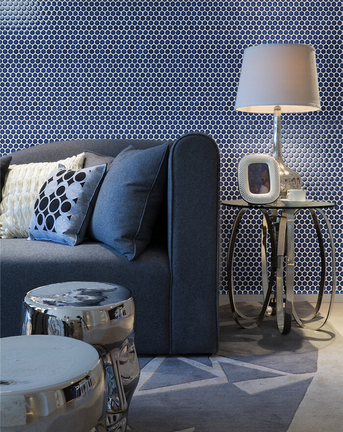 deep blue penny round mosaic tile used on living room backsplash wall.jpg