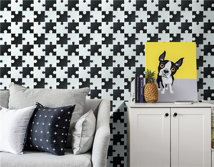 living room using black and white puzzle design mosaic tile.jpg