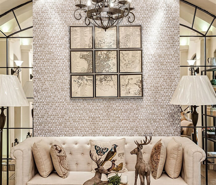 use silvery hexagon mosaic glass tile to decorate living room.jpg