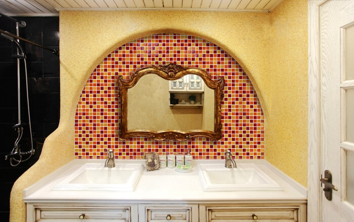 using red yellow orange mosaic glass tile to create exotic design in bathroom.jpg