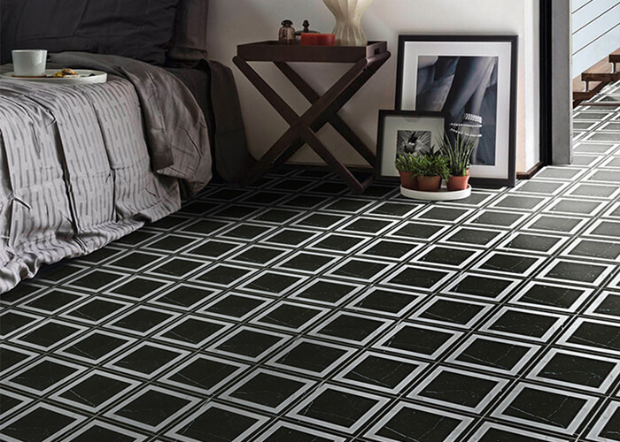 Renaissance Cushion Vinyl Flooring Vintage Tile Vivre 90 - Traditional Black, Grey & White Portuguese Eclectic Patchwork Tiled Floor