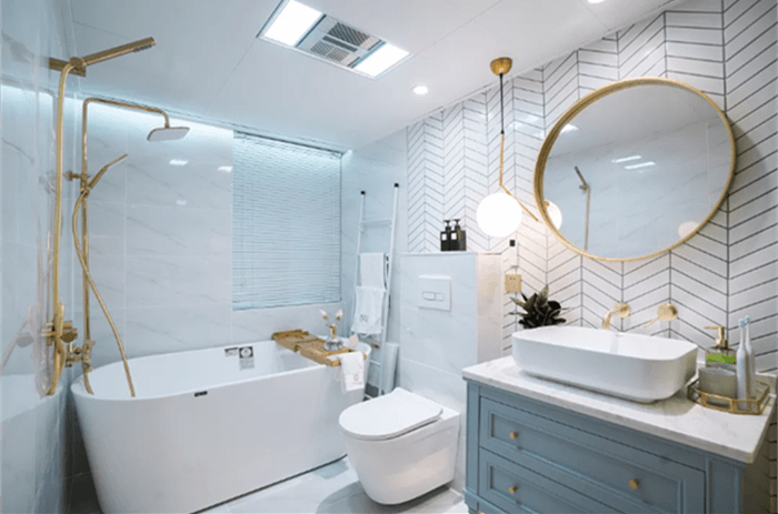 a elegant bathroom with matte white herringbone mosaic tile decorated.png