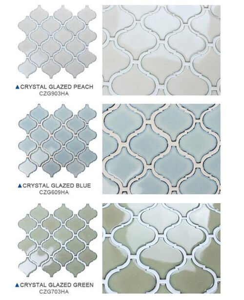 three solid color options of arabesque lantern mosaic tile.jpg
