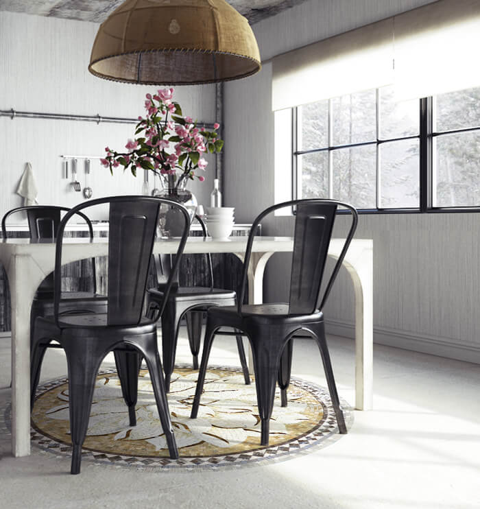 dinning area decorated with flower patterned glass tile medallion.jpg