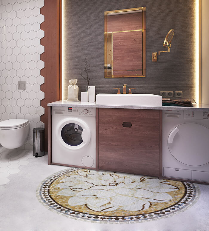 bathroom decorated with glass tile mosaic medallion.jpg