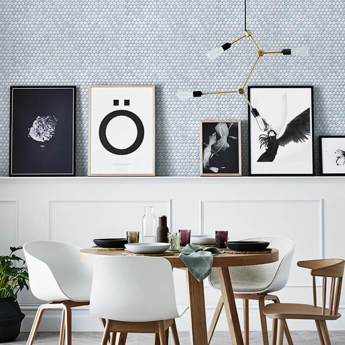 white blue penny tile wall in dinning room.jpg