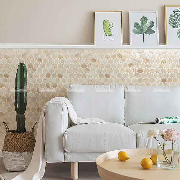 Travertine Look Porcelain Hexagon Mosaic living room.jpg