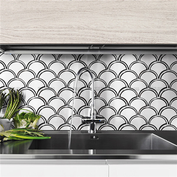 fish scale metallic print porcelain mosaic used as backsplash