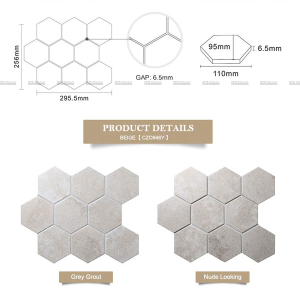 details of marbled super hexagon porcelain mosaic