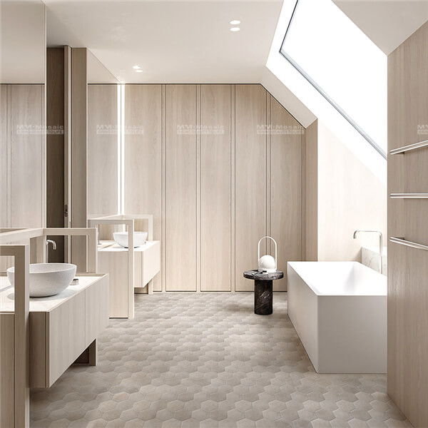 this super marbled hexagon porcelain mosaics are paved as bathroom flooring tiles