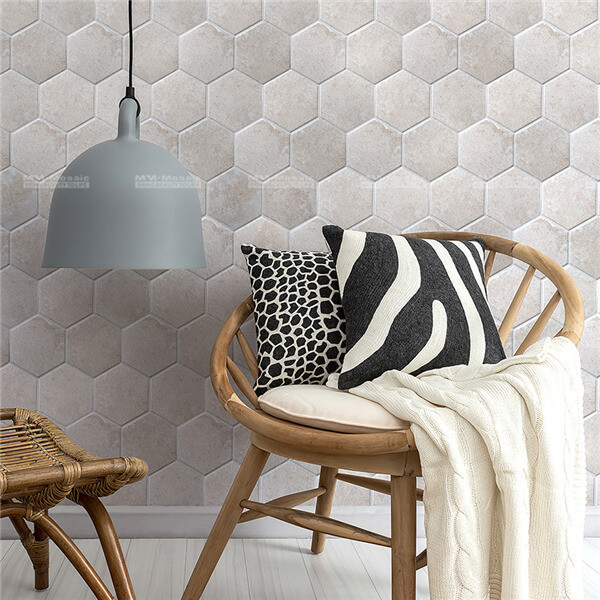 hexagon wall tiles are applied to living room space