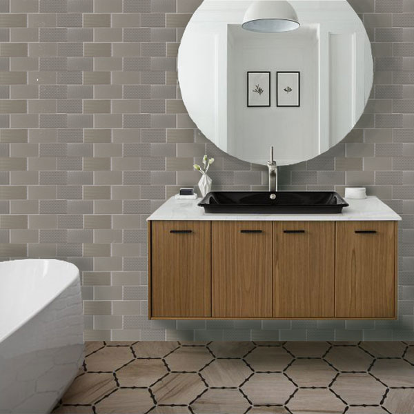 Steely Gray Textile Pattern Porcelain Mosaic Used in Bathroom