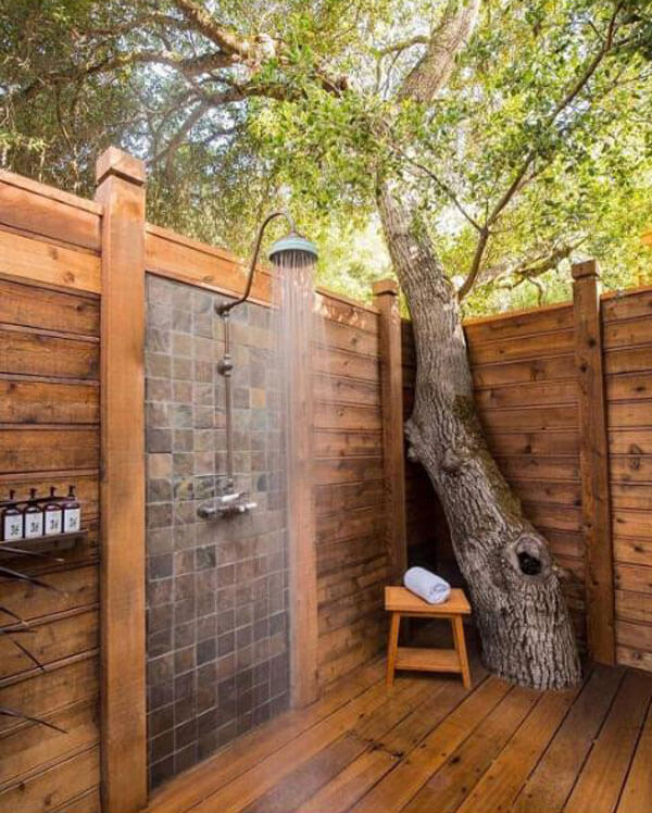 rustic outdoor shower with plain porcelain tiles