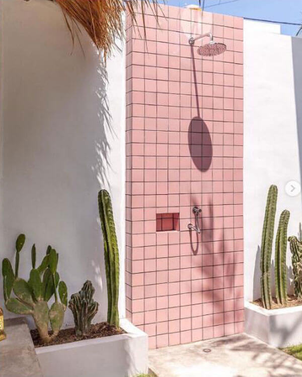 pink porcelain tile as backsplash