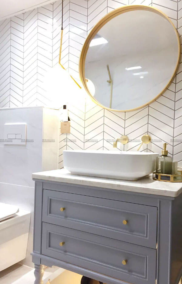 white herringbone wall tiles
