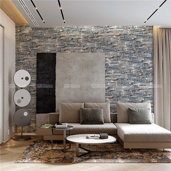  Z-shape ledgestone as living room back wall