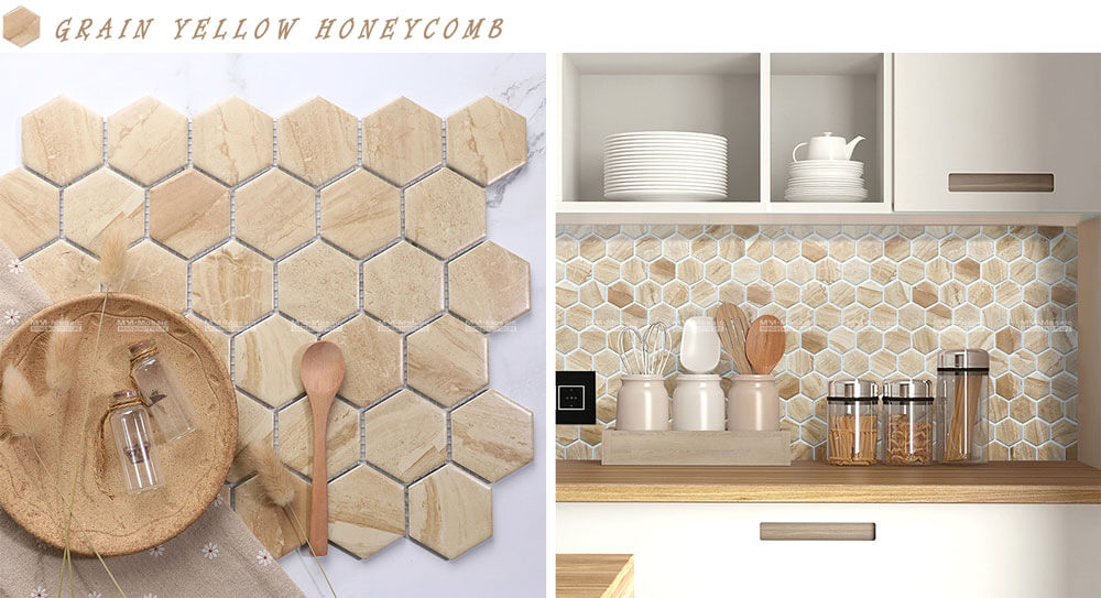 warm yellow honeycomb tile backsplash