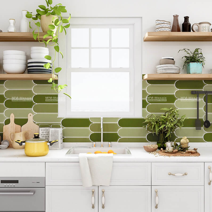 light green feather tiles as backsplash