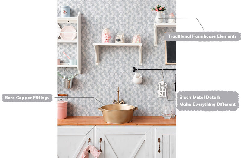 farmhouse style hexagon tile backsplash