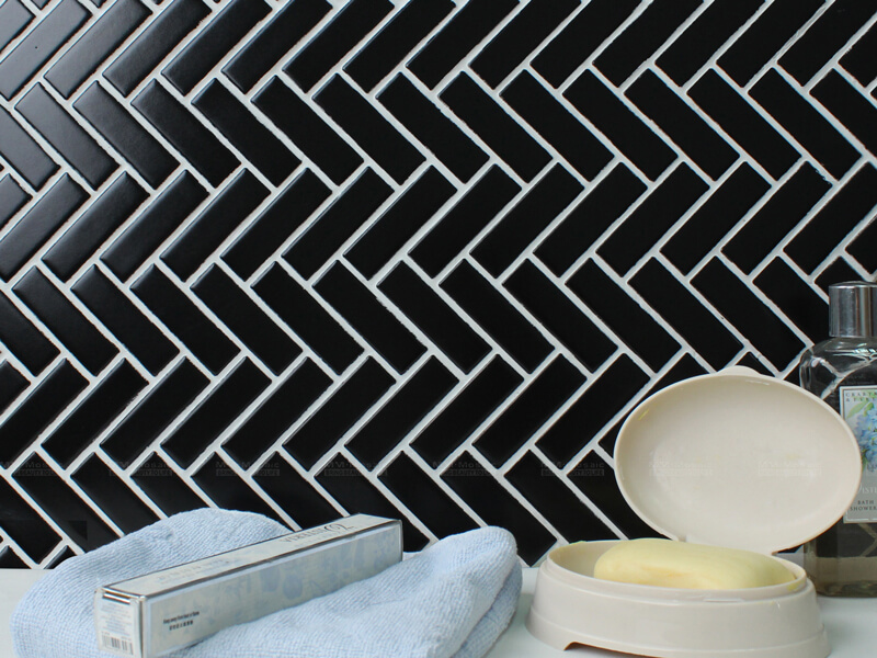Black Herringbone Tile As Shower Wall