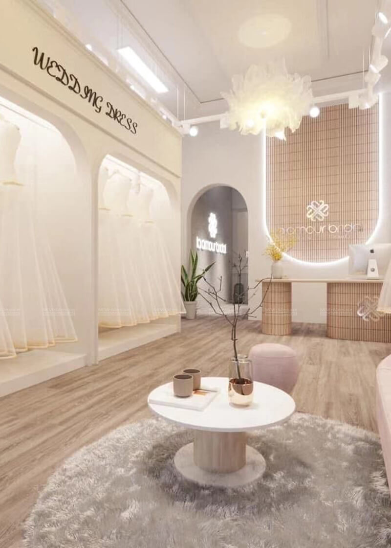 wedding dress shop with pink mosaic tiles