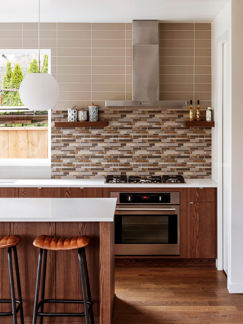 blend brown peel and stick strip tiles as backsplash