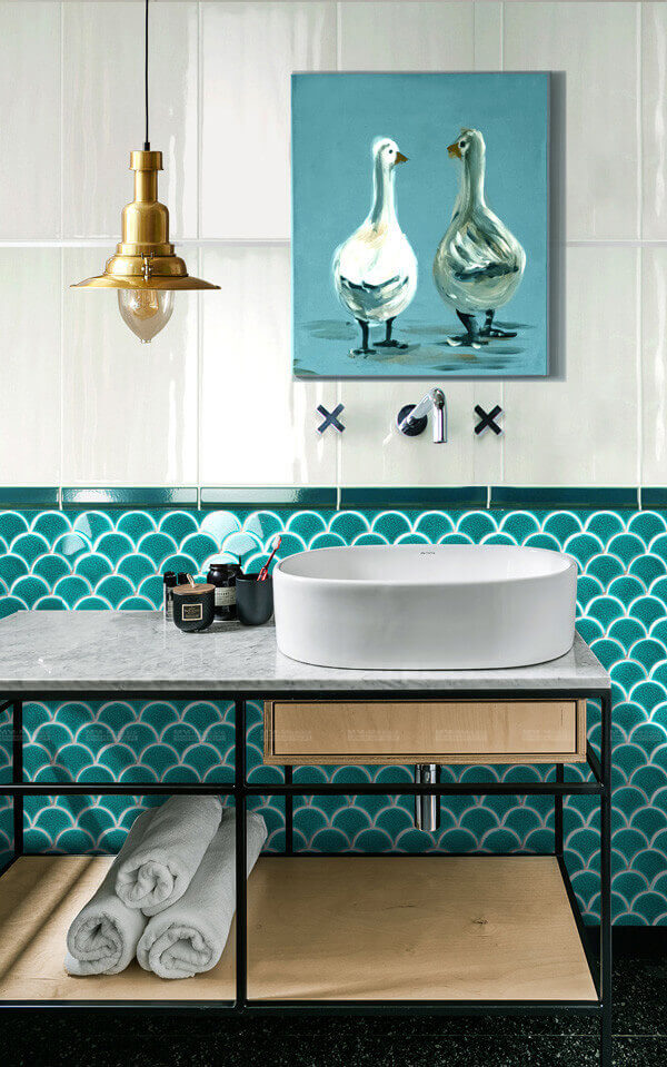 vibrant bathroom design with fan shape mosaic tile