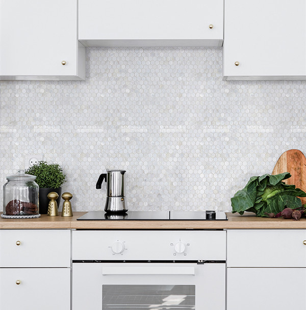 white hexagon pearl shell tiles for clean kitchen backsplash ZOE4904.jpg