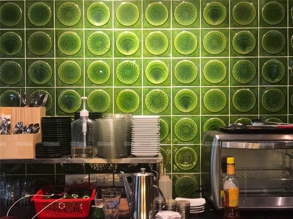 green mosaic tile backsplash