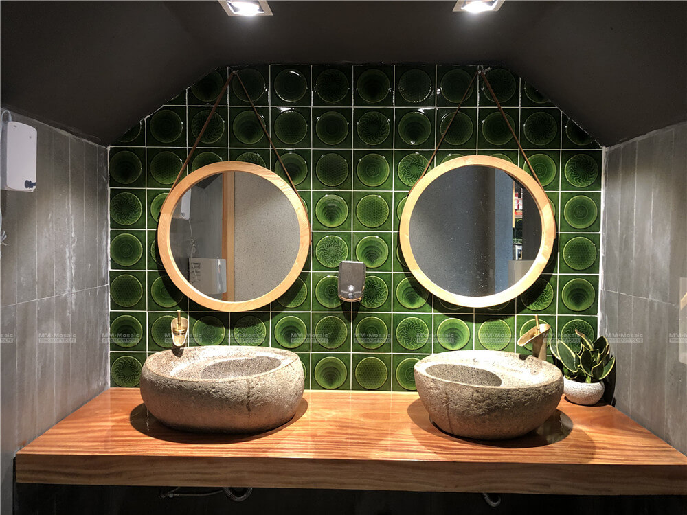 bathroom walls with green glazed handmade tiles