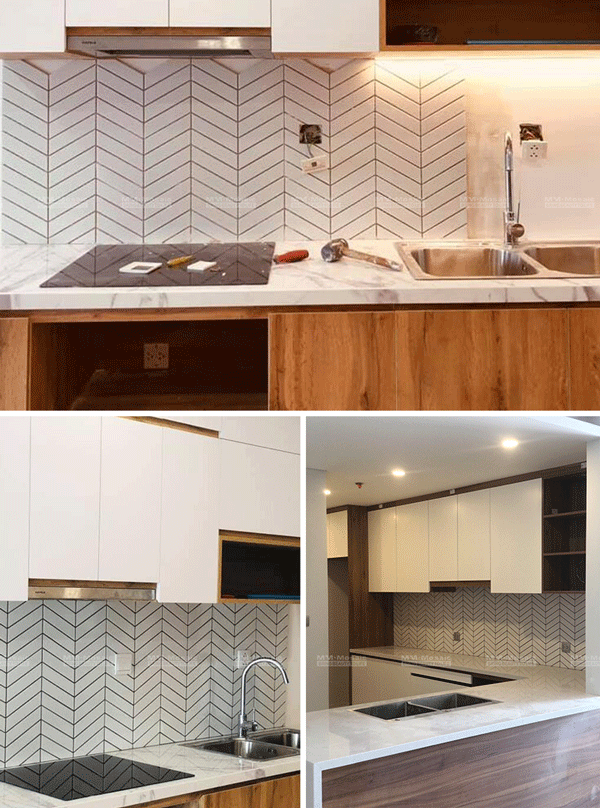 white herringbone tile backsplash