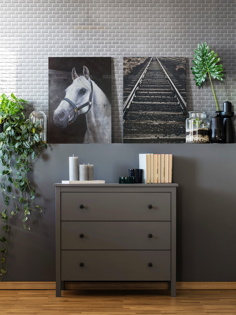 silver tone tile for accent wall