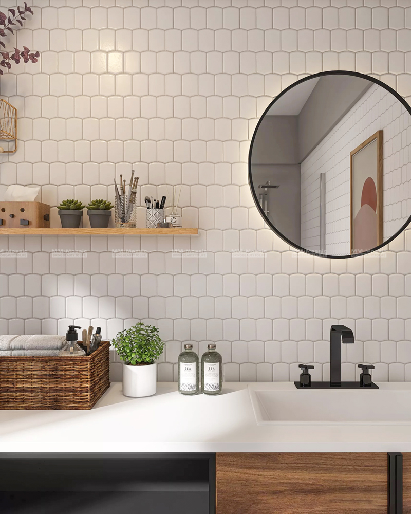 white glazed tile as bathroom wall decoration