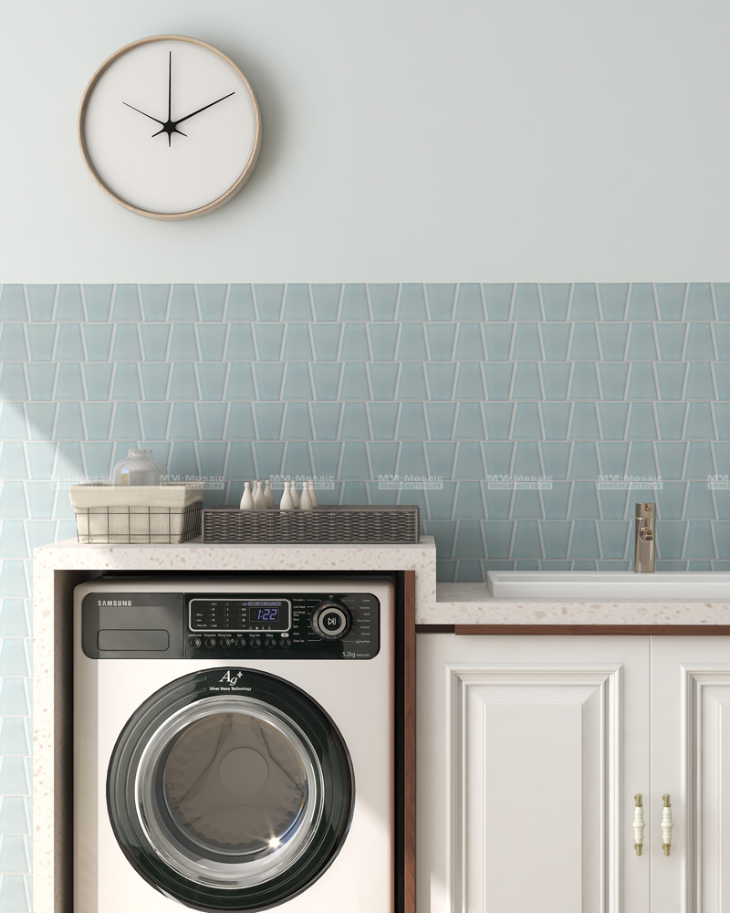 laundry room wall design with blue mosaic tile