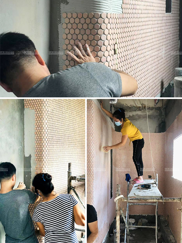 tile installation with porcelain mosaic