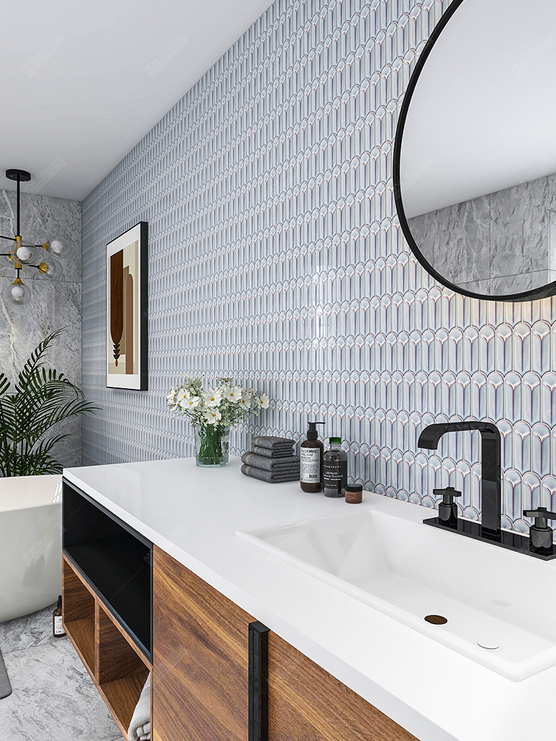 bathroom vanity wall with mosaic tile
