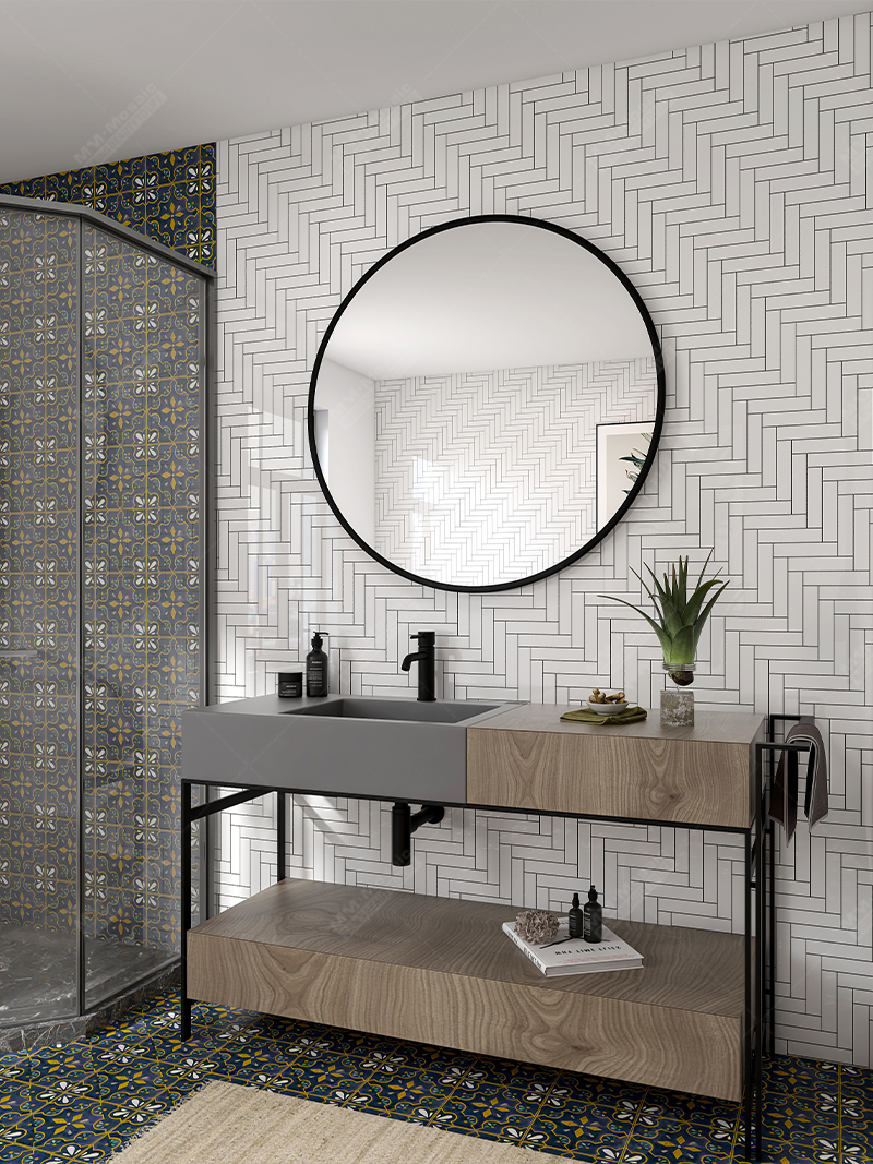 herringbone tile as bathroom vanity wall