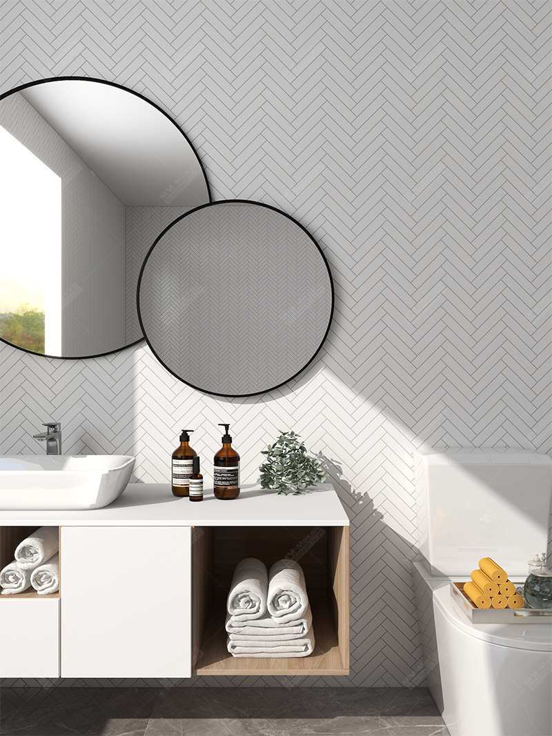 herringbone tile bathroom