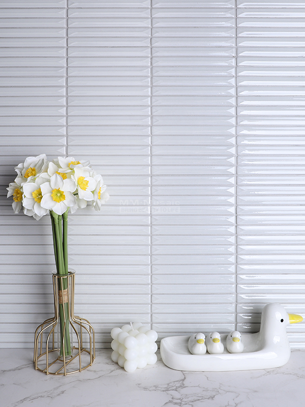 3D white wall tiles as kitchen backsplash