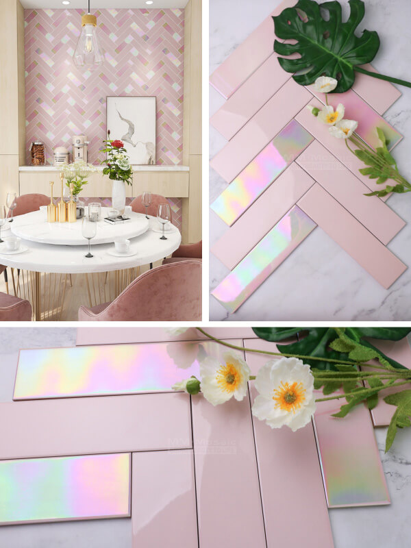 pink iridescent subway tile