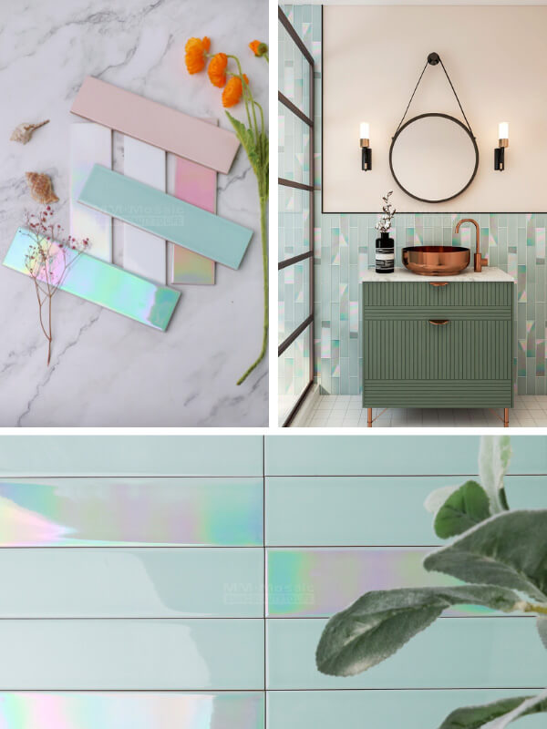 green iridescent subway tile