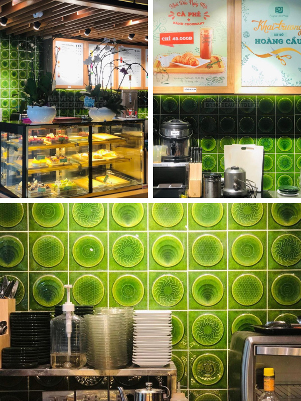 green coffee shop backsplash