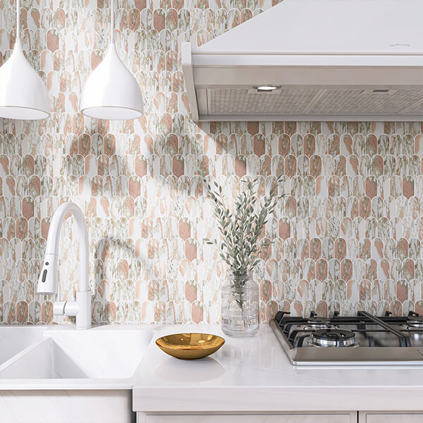 kitchen backsplash with Norwegian Rose Marble Feather Tile