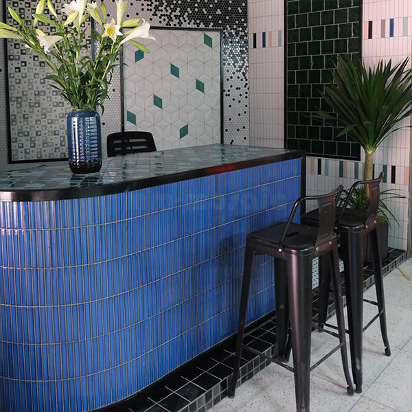 dark blue kit kat tile as office front desk island wall decor