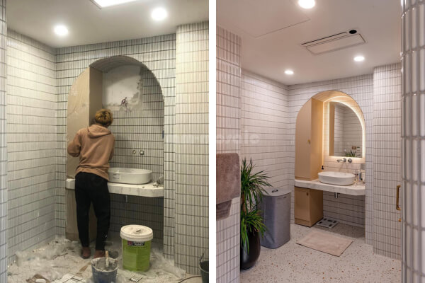 bathroom remodel with white kit kat tiles